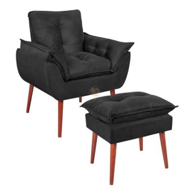 Imagem de Vit Decor Kit Poltrona e Puff Conforto Retrô - Poltrona de Acento Design Curvo com Almofadas Soltas e Puff Quadrado Capitonê Pés Palito de Madeira para Sala de Estar, Leitura e Quarto (Preto)