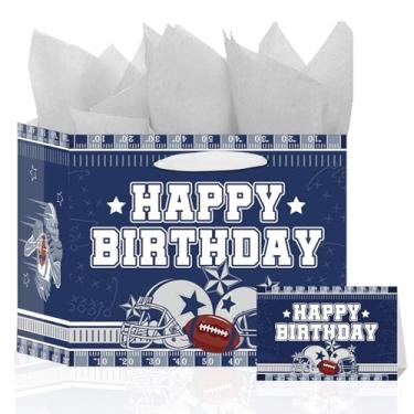 Imagem de Hokinaa Bolsa de presente de cowboy de futebol – Decorações de festa de caubói azul grande de aniversário com 3 peças de papel de embrulho e cartão de felicitações Happy Sport Team Game Day Favors