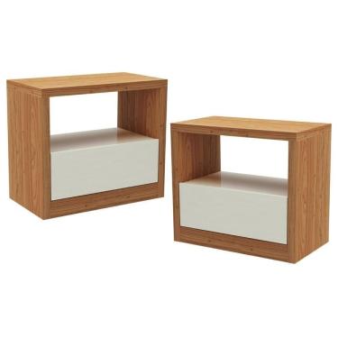 Imagem de Kit 02 Mesas De Cabeceira Moderna 1 Gaveta Cameron D03 Freijó Off White - Lyam Decor
