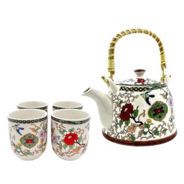 Imagem de Jogo de Chá com Bule de Porcelana 900ml com Infusor e 4 Copos 150ml | Kit Café Tokyo 30a(Branca com Flores Vermelhas)