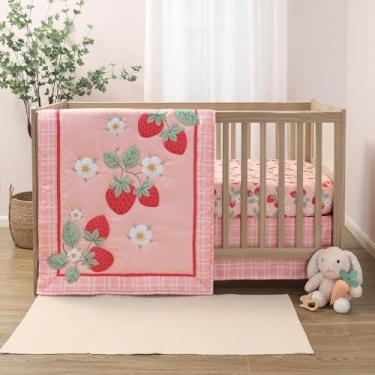 Imagem de The Peanutshell Conjunto de cama de berço de 3 peças Strawberry Sweet – Cama rosa para berçário, edredom e decoração para recém-nascidos e crianças pequenas
