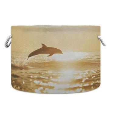 Imagem de JUZIHAI Cesto de armazenamento dobrável golfinho cesto de roupa suja para bebê, cobertor com alças de corda de algodão, caixa de brinquedos dobrável, organizador de armário para quarto, berçário, casa