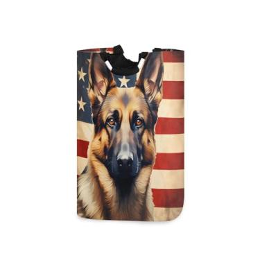 Imagem de Cesto de roupa grande, bandeira americana, pastor alemão, cesto de roupa dobrável, com alça, cesto de lavagem dobrável