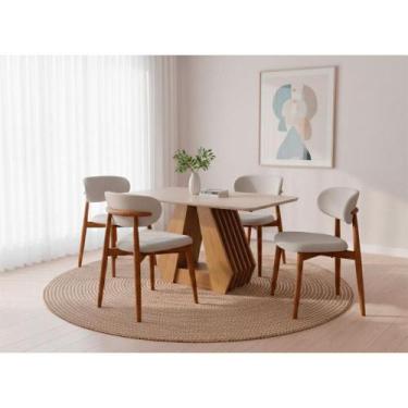 Imagem de Mesa de Jantar Tampo de Vidro 130 e 4 Cadeiras Madeira Linho Cru - Cim