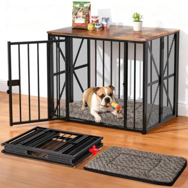 Imagem de Mobiliário de gaiola dobrável com tapete de cama de cachorro, sem montagem, canil decorativo interno, caixas resistentes para cães pequenos (menos de 11 kg), gaiola de madeira para cães 68,5 cm C x
