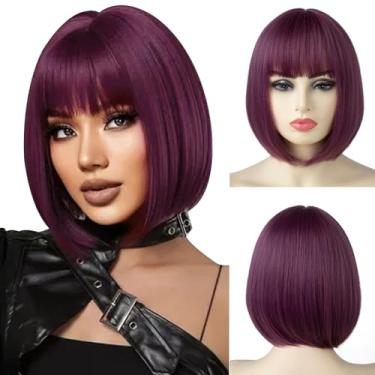 Imagem de Peruca curta reta bob com franja 20 cm moda sintética colorida cosplay diária festa peruca para mulheres roxo