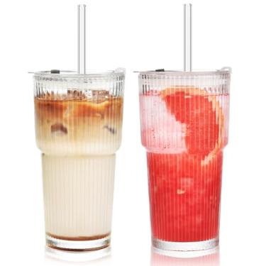 Imagem de Haundry Copo de vidro canelado de 590 ml com tampas e canudos, pacote com 2 xícaras de café gelado, conjunto de vidro espesso, copos de vidro com design ondulado para café, refrigerante, vitaminas