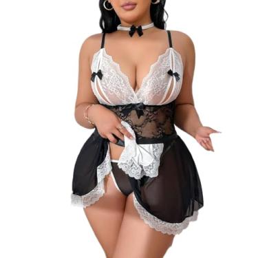Imagem de WDIRARA Roupa de empregada feminina plus size, vestido de lingerie com acabamento em renda, conjunto de 6 peças, preto, 2GG, plus size