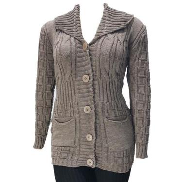 Imagem de Casaco Tricot Feminino Gola Links Bolso - Katlen Tricot, Castor, Único