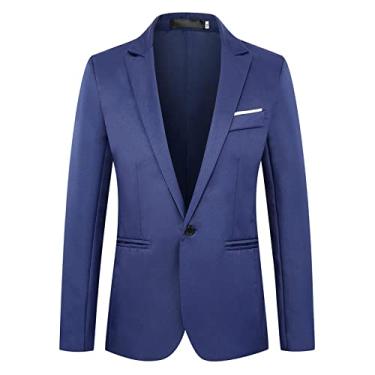 Imagem de UNeedVog Casaco esportivo masculino slim fit com um botão notched lapela paletós casuais lisos Blazers, Azul, M