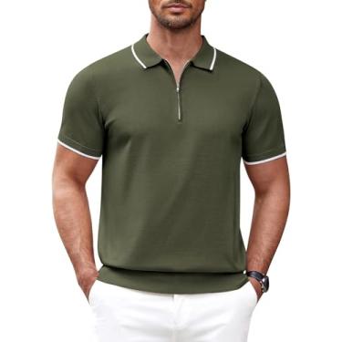 Imagem de COOFANDY Camisa polo masculina com zíper casual de malha manga curta camiseta polo camiseta de ajuste clássico, E-Army Green, 3G