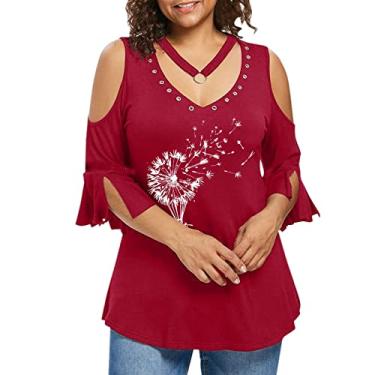 Imagem de Camisetas femininas com gola V, manga curta, meio sino, ombros vazados, recortadas, blusas femininas 2024, O-147 Vermelho, 3G