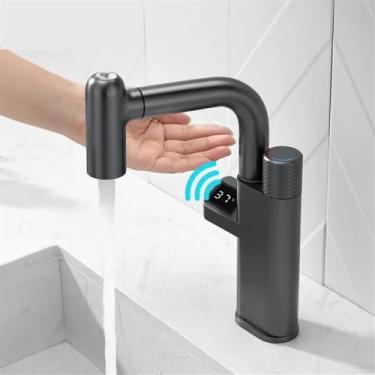 Imagem de ANNBKA Torneira de lavatório, torneira de lavatório, toque inteligente, 3 modos, torneira misturadora de pia de banheiro, display digital, torneira montada no deck