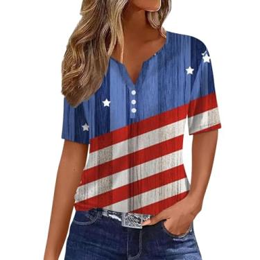 Imagem de Camisetas femininas com bandeira americana 4th of July Star Stripe Tops Patriotic Button Graphic Vintage Fashion Tunics Blusas, Vermelho, G