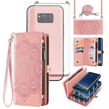 Imagem de Asuwish Capa de celular para Samsung Galaxy S8 carteira com zíper magnética destacável com protetor de tela de vidro temperado, alça transversal, porta-cartões de flores S 8 8S Edge SM-G950U mulheres