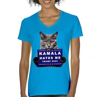 Imagem de Camiseta feminina Kamala Hates Me Trump 2024 gola V engraçada gato republicano animal de estimação anti Harris Vote vermelho MAGA Kitten 47 camiseta luta, Turquesa, GG