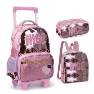 Imagem de Kit Mochila de Rodinha Lancheira Estojo Nice Kika IN24904, Rosa