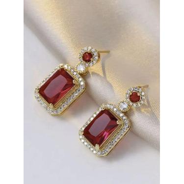 Imagem de Par de brincos pedras vermelhas feminino - banhado a ouro - ToJoia18k