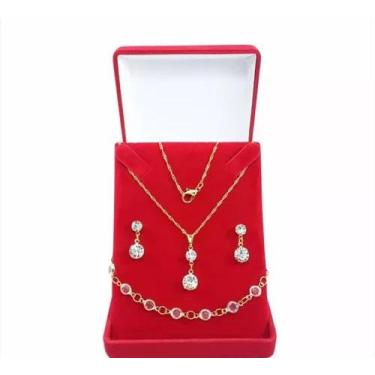 Imagem de Kit Com Brincos Colar E Pingente + Pulseira Banhada A Ouro - Folheados