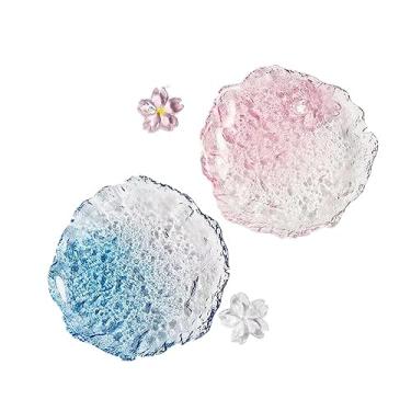 Imagem de Pratos de sobremesa de vidro cristal, prato de lanche de flores transparentes rosa e azul, pratos de canapé de 15 cm para aperitivo, sorvete, frutas, bolo de salada, conjunto de 2 utensílios de mesa