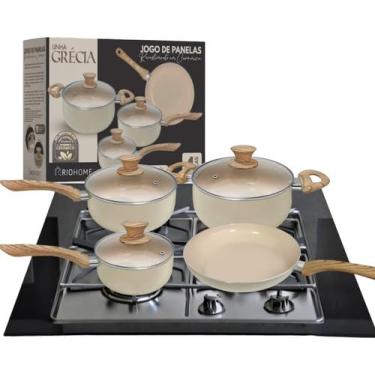 Imagem de Jogo de Panelas Cerâmica Antiaderente, 4 Peças, Tampa de Vidro, Bege