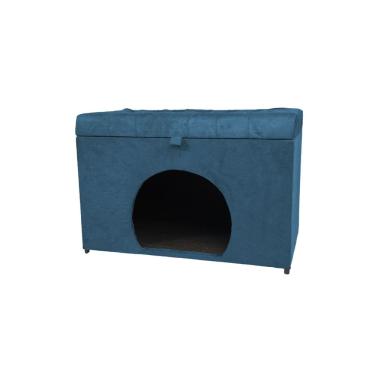 Imagem de Puff Baú Pet Casa P/ Cachorros E Gatos Em Suede - Azul Aço