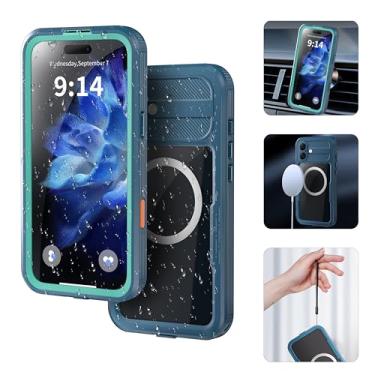 Imagem de Kfifsiso Capa transparente subaquática para iPhone 16 Plus com cordão protetor de lente de câmera de tela integrado, capa protetora de corpo inteiro, borda preta azul-petróleo