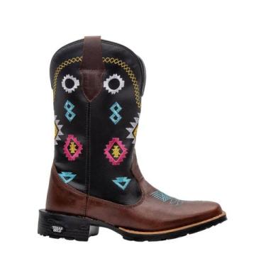 Imagem de Bota Texana Western Feminina Texas Gold Bordado Xadrez Couro Bico Quad