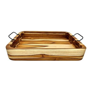 Imagem de Gamela Bandeja Retangular De Madeira Teca Com Alça Premium