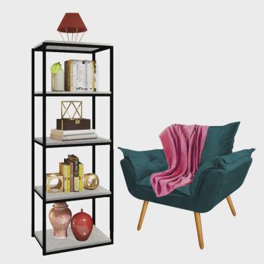 Imagem de Kit Poltrona Fatte com Manta Soft e Estante Livreiro Ferro Preto mdf Marmorizado Cinza Suede Azul Turquesa - Ahazzo Móveis