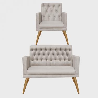 Imagem de Kit Poltrona e Namoradeira Maria Capitonê Sala de Estar Recepção Corino Bege - Ahazzo Móveis