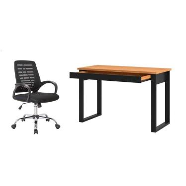 Imagem de Conjunto de Mesa Anah 1 gv Freijó com Cadeira de Escritório Secretária Giratória Light Preta