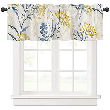 Imagem de Cortina floral sanefa tratamento de janela vintage floral flores de verão amarelo azul decorativo haste bolso curto janela sanefa para cozinha, janelas, sala de estar, banheiro, 106 x 45,7 cm, 1