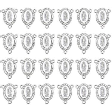 Imagem de LiHan1028 60 peças de 3 furos Virgem Maria Link Miraculous Medalha Esmalte Liga Strass Nossa Senhora de Guadalupe Crucifixo Conexão para Fazer Joias (Prata)