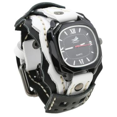 Imagem de MINILUJIA Relógios masculinos feitos à mão com corda de cera costurada vintage punk hip-hop gótico largo couro macio genuíno relógio de pulso personalizado mostrador quadrado bronze, Preto + branco