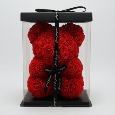 Imagem de Urso de Rosas Vermelhas Decorativo com Caixa Acrílica – Presente Romântico para Namorada, Esposa, Casamento, Dia dos Namorados e Aniversário – Ursinho de Flores Artificiais de Luxo