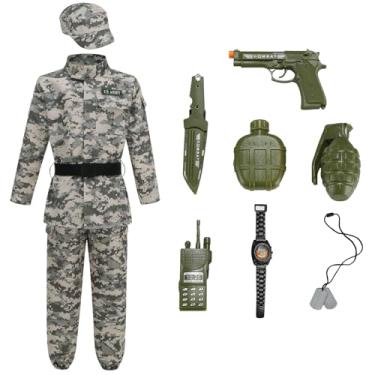 Imagem de yolsun Fantasia camuflada do exército de combate para crianças, fantasia de exército para meninos, uniforme de soldado militar, fantasia de festa de Halloween (camuflagem verde cinza, 10 a 12 anos)
