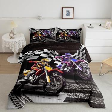 Imagem de meiyoeat Conjunto de edredom infantil de motocross, corrida, motocross, esportes radicais, respirável, com estampa de rodas, decoração de quarto