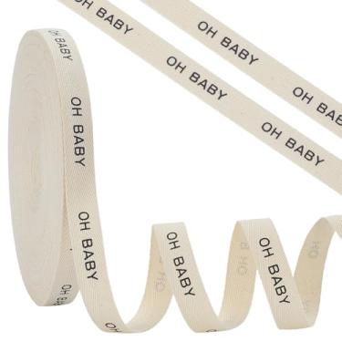 Imagem de FINGERINSPIRE Fita de algodão branco creme de 30 metros com palavra OH Baby, fitas de espinha de peixe de 1,5 cm de algodão macio e natural fita de tecido rolo para decoração de casa, embrulho de