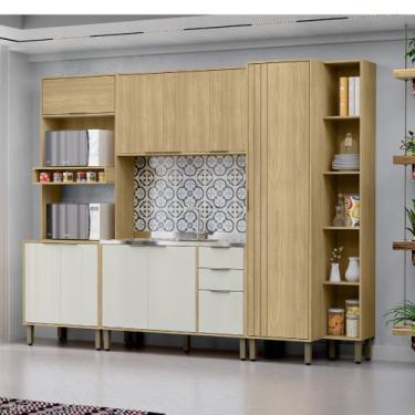Imagem de Cozinha Modulada Completa Vick 4 Peças Castanho Off White - MX MOVEIS