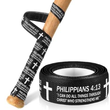Imagem de Pushglossy Fitas de aderência de taco de beisebol Faith Cross 1,5 mm pré-cortadas e totalmente adesivas para softball, fita de substituição de taco de beisebol antiderrapante (preto, Philippians 4:13)