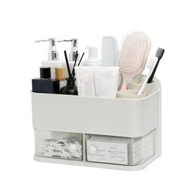 Imagem de NINEWEEN Organizador de parede para banheiro, organizador de chuveiro de plástico 2 em 1 e suporte Qtip, grande prateleira de armazenamento adesiva com gaveta para copos de escova de dentes, produtos