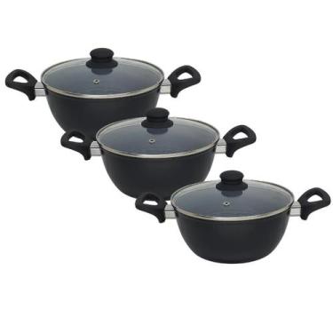 Imagem de Jogo 3 Panela Caçarola Indução Cerâmica Antiaderente Tampa Não Gruda 2