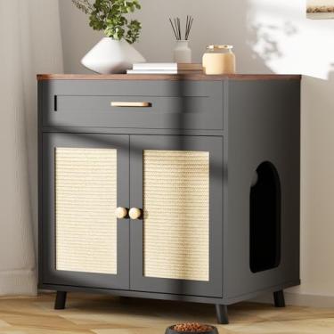 Imagem de Caixa de Areia para Gatos Caixa de Areia Mobiliário Escondido com Portas de Tábua de Arranhar e Gaveta Casa de Banho de Madeira Casa de Gato Mesa de Cabeceira Armário Interior, Preto