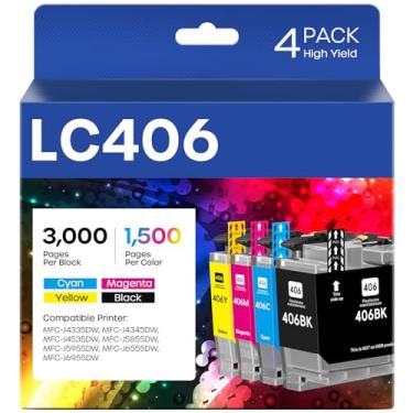 Imagem de Cartuchos de tinta LC406 compatíveis com Brother LC406 LC406XL LC 406 XL para impressora Brother MFC-J4335DW MFC-J5855DW MFC-J4535DW MFC-J6555DW MFC-J6955DW (pacote com 4, preto, ciano, magenta,