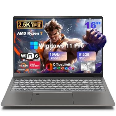 Imagem de Laptop para jogos 2025 de 16 polegadas 2,5 K IPS, AMD Ryzen 7 6800H (até 4,7 GHz), SSD DDR5 de 512 GB de 16 GB, AMD Radeon 680M, WiFi 6, Tipo-C, Webcam, impressão digital, teclado retroiluminado