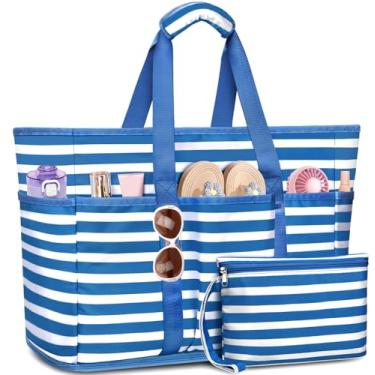 Imagem de TEUEN Bolsa de praia grande com zíper, 12 bolsos, impermeável, à prova de areia, bolsa de praia feminina de malha para viagens de férias, Azul marinho, One Size