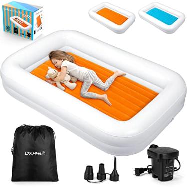 Imagem de USHMA Cama de viagem infantil [4 lados] | Colchão de ar infantil reversível de 2 cores | Cama inflável para crianças | Cama de viagem portátil para crianças infláveis com laterais, laranja e