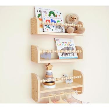 Imagem de CNK Prateleiras flutuantes para berçário montadas na parede, conjunto de 3 prateleiras de livros para crianças, crianças, quartos de bebê, estante de madeira de pinheiro natural, armazenamento de