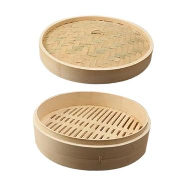 Imagem de WeiLaiKeQi Cesta de vapor de bambu com tampa, cesta redonda para cozimento a vapor de pães, bolinhos de massa, vaporizador para carne, comida asiática, vegetais, 30cm